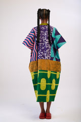 MULTICOLOR MIDI AGBADA WITH GREEN AND YELLOW BOTTOM