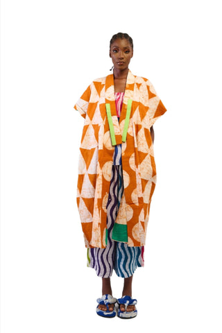 PINK WITH TEAL AND BLUE  MULTICOLOUR MIDI AGBADA WITH ORANGE ASO OKE